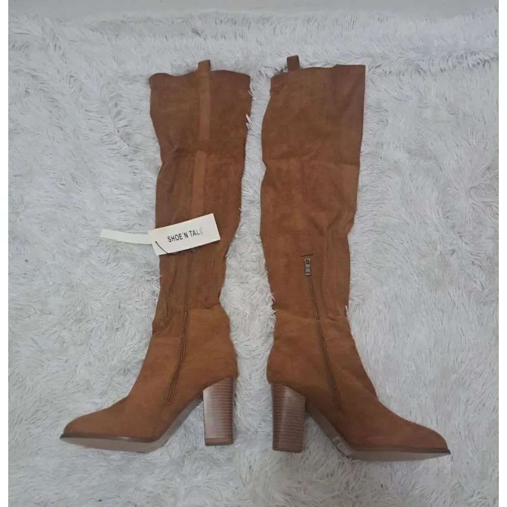 Shoe'N Tale Women Boots Brown Faux Suede Chunky Heel Over‎ The Knee Thigh High